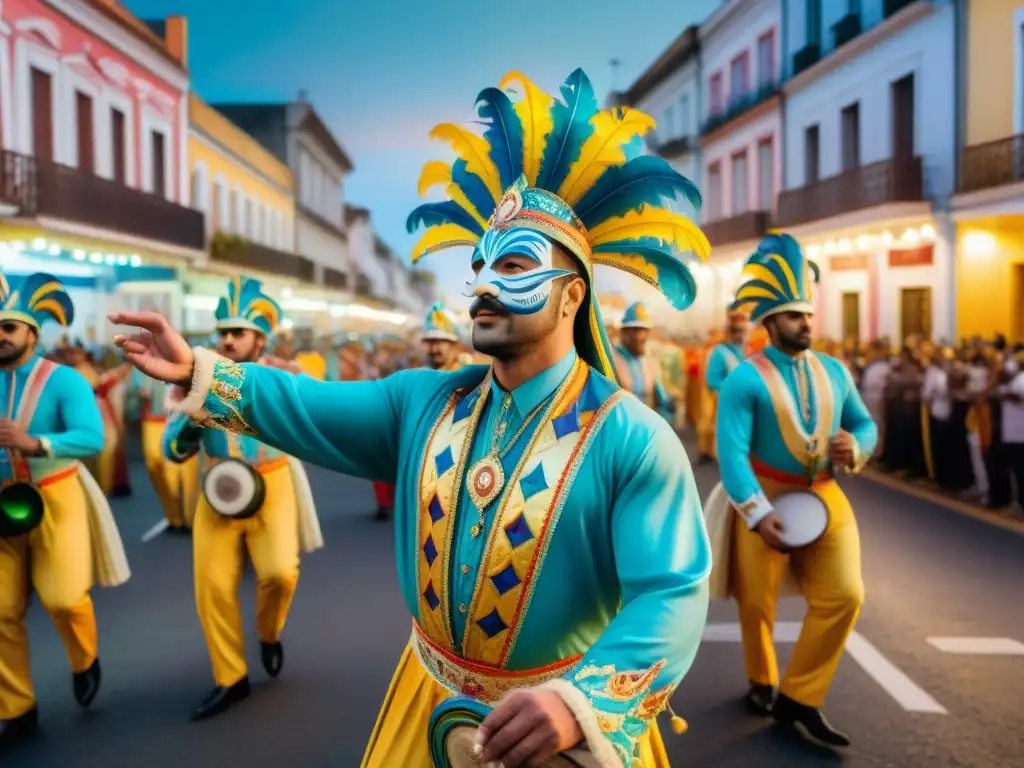 Un vibrante desfile de Carnaval en Uruguay ilustrado con acuarelas, destacando la creatividad de los Ilustradores del Carnaval Uruguayo