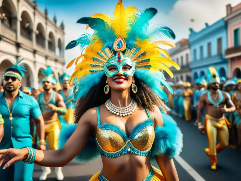 Vibrante desfile de Carnaval en Uruguay resaltando la importancia de complementos en la celebración cultural