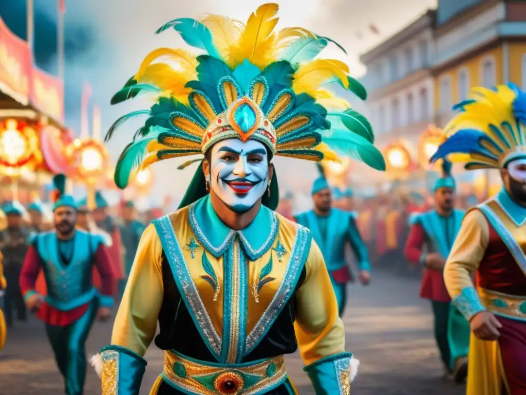 Un vibrante desfile de Carnaval en Uruguay con influencia de revistas, lleno de color y energía