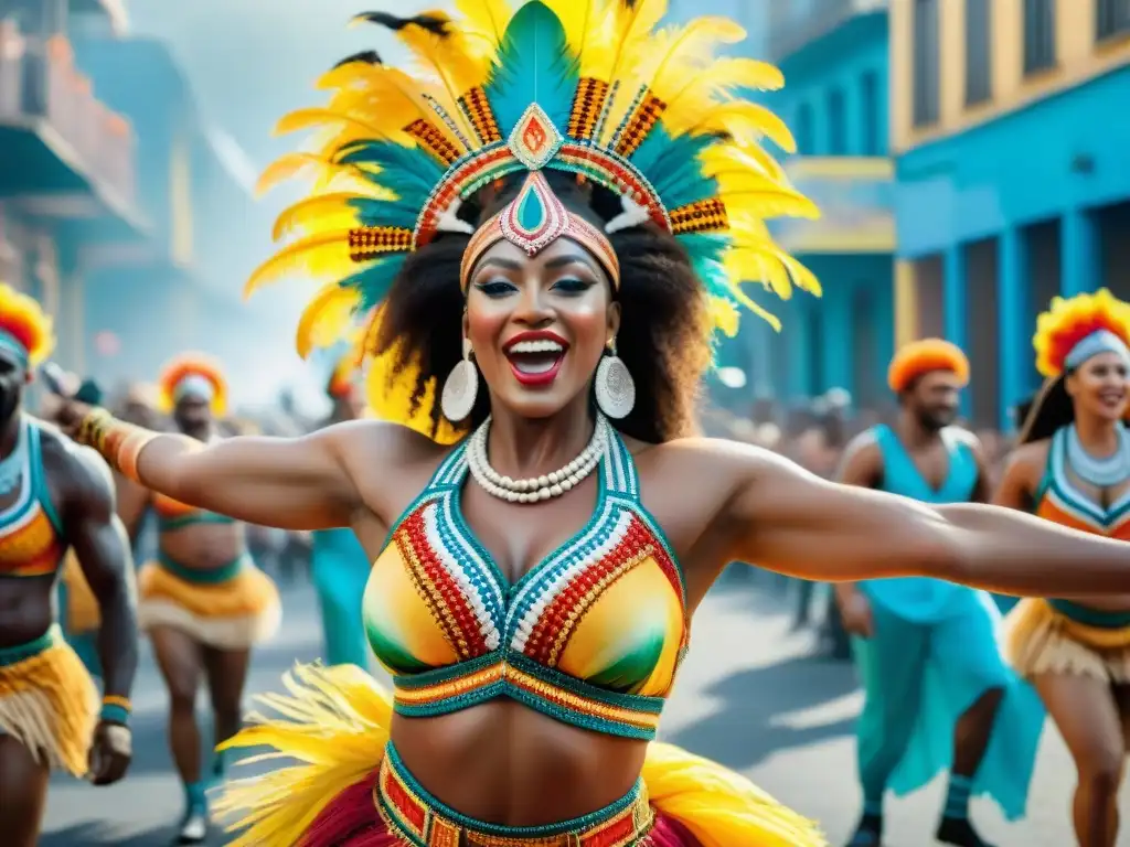 Un vibrante desfile de Carnaval en Uruguay con influencia africana en los coloridos trajes y la energía festiva