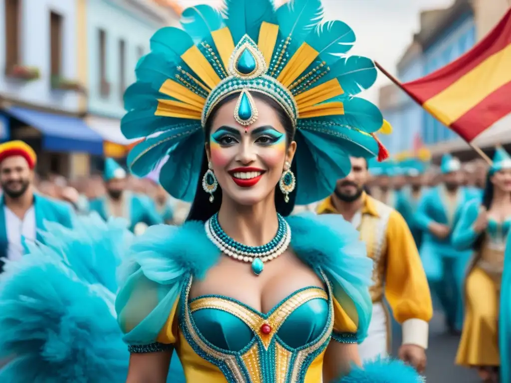 Un vibrante desfile de Carnaval en Uruguay, fusionando influencias europeas en un festivo y colorido evento