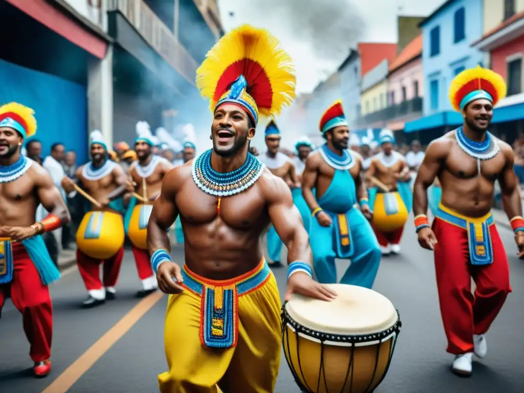 Vibrante desfile de Carnaval en Uruguay, capturando el legado africano con trajes coloridos y tambores de Candombe