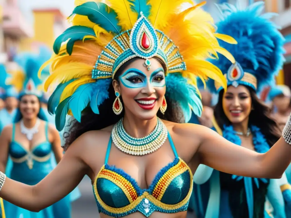 Un vibrante desfile de Carnaval en Uruguay liderado por mujeres con trajes coloridos y llamativos