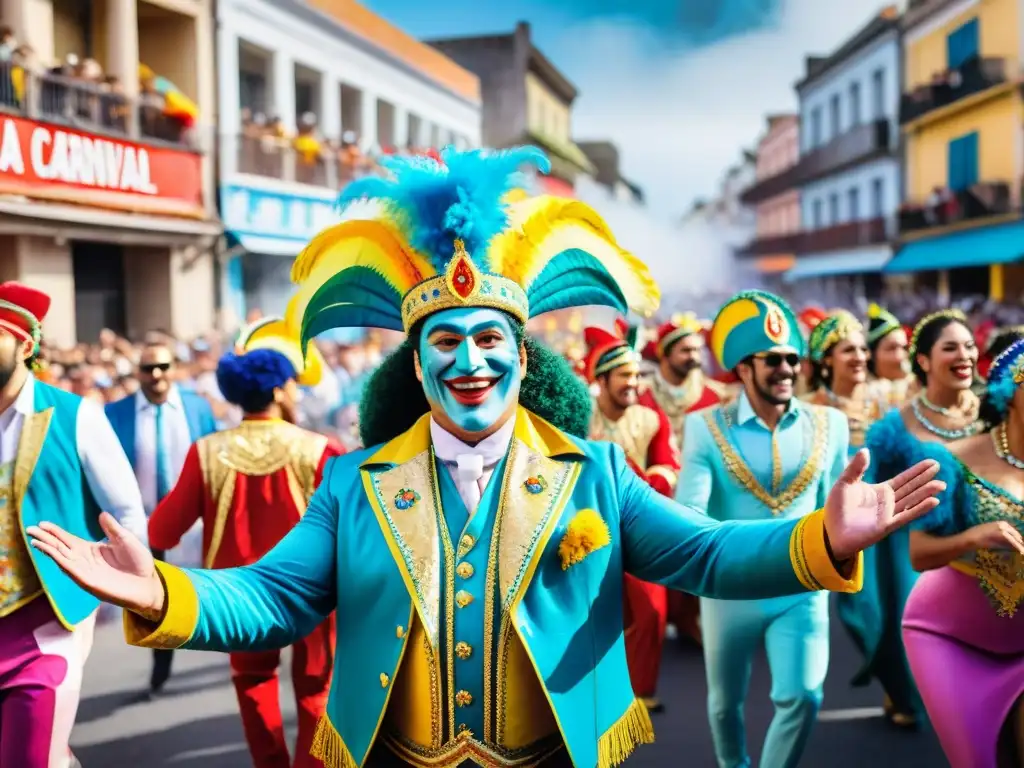 Un vibrante desfile de Carnaval en Uruguay, lleno de coloridos trajes y carrozas detalladas, reflejando la festividad y la comunidad