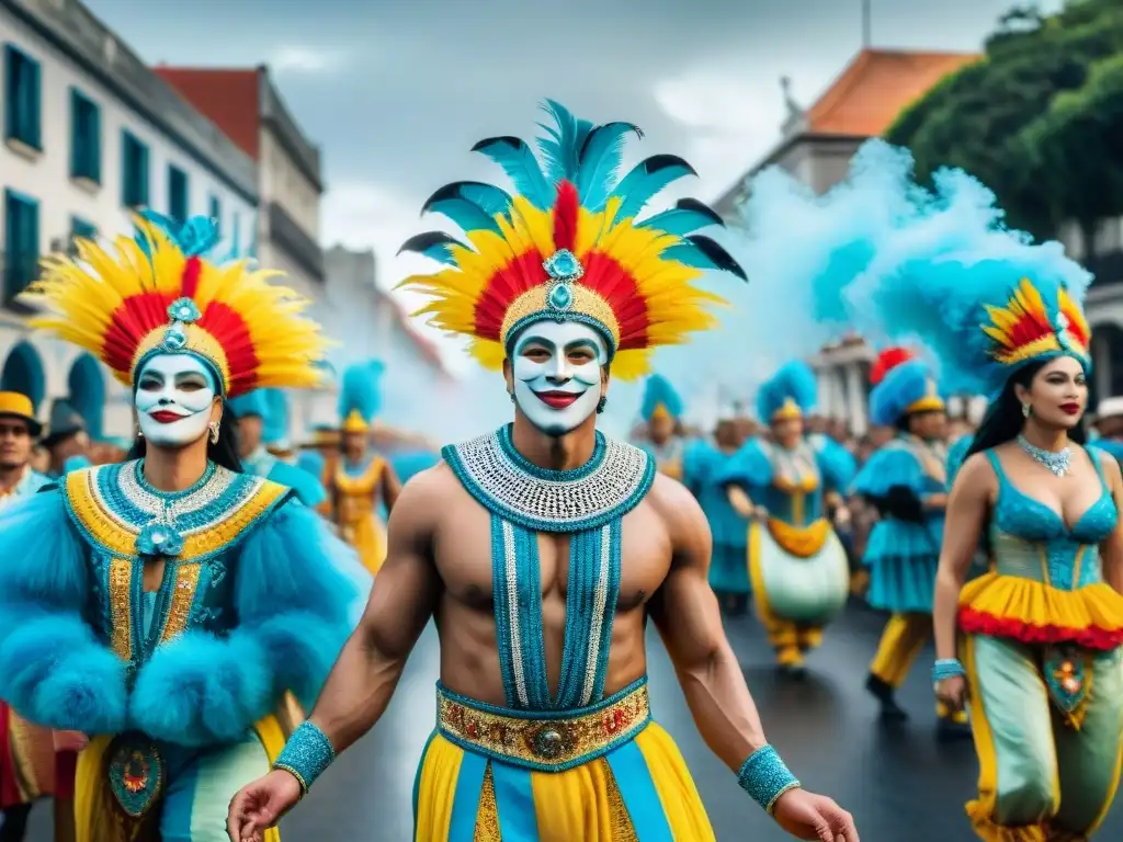 Un vibrante desfile de Carnaval en Uruguay, lleno de lujo y celebración con trajes ornamentados y colores vivos