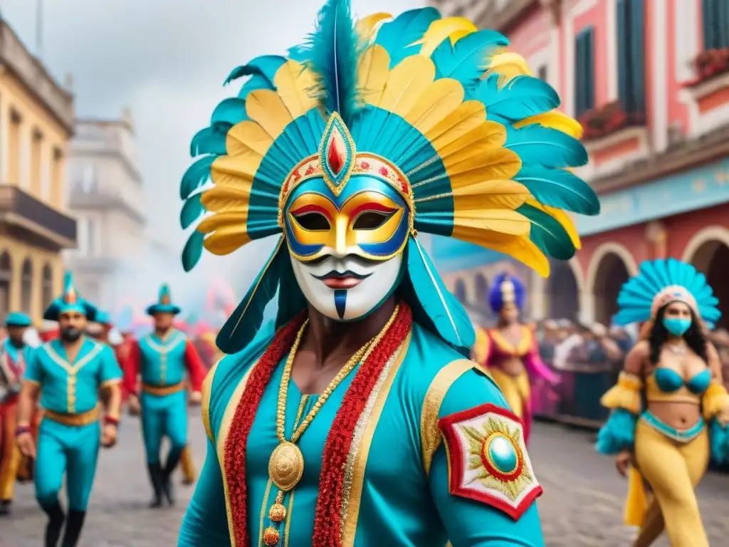 Un vibrante desfile de carnaval en Uruguay, con máscaras y trajes coloridos y detallados