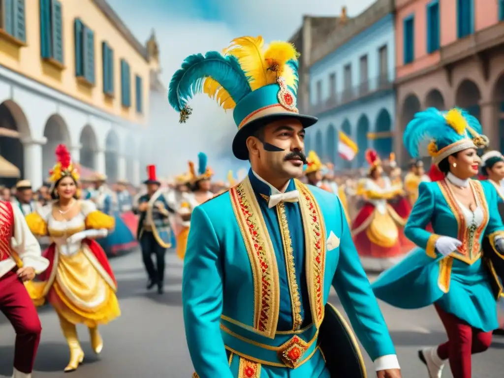 Un vibrante desfile de Carnaval en Uruguay, con músicos, bailarines y espectadores, reflejando la riqueza cultural del Carnaval Uruguayo