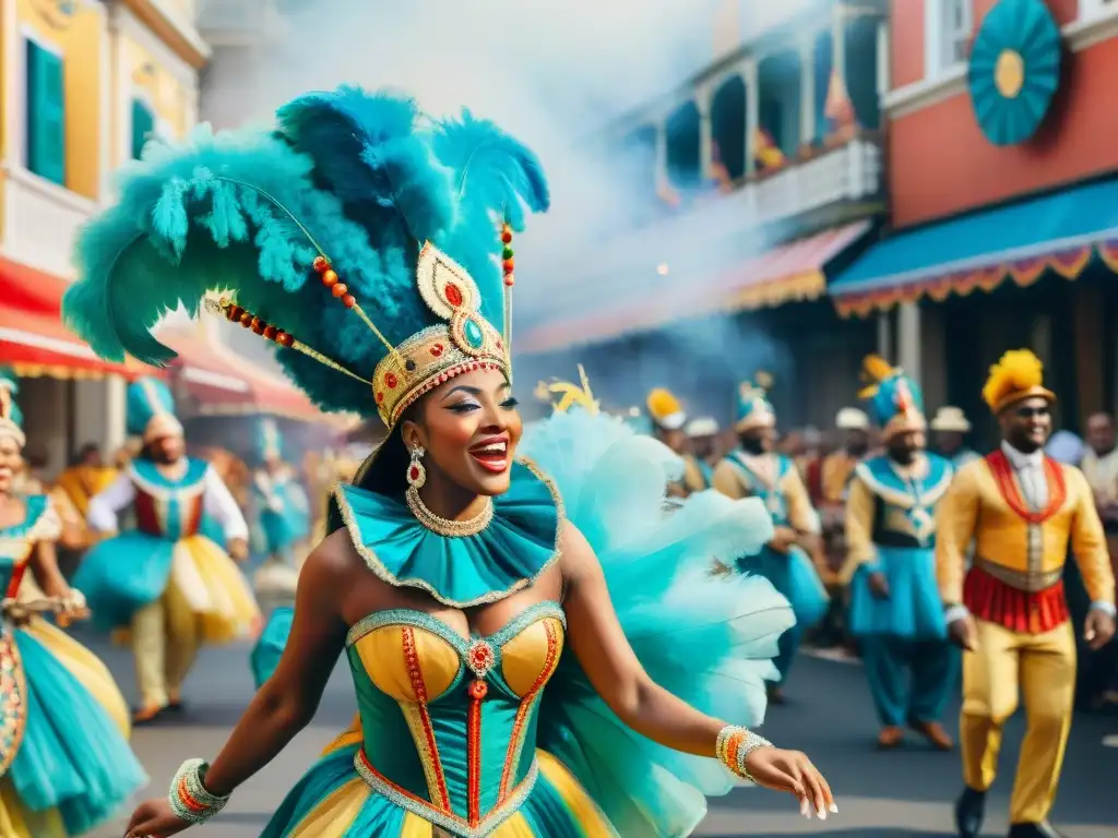 Un vibrante desfile de carnaval con músicos y bailarines, reviviendo la celebración