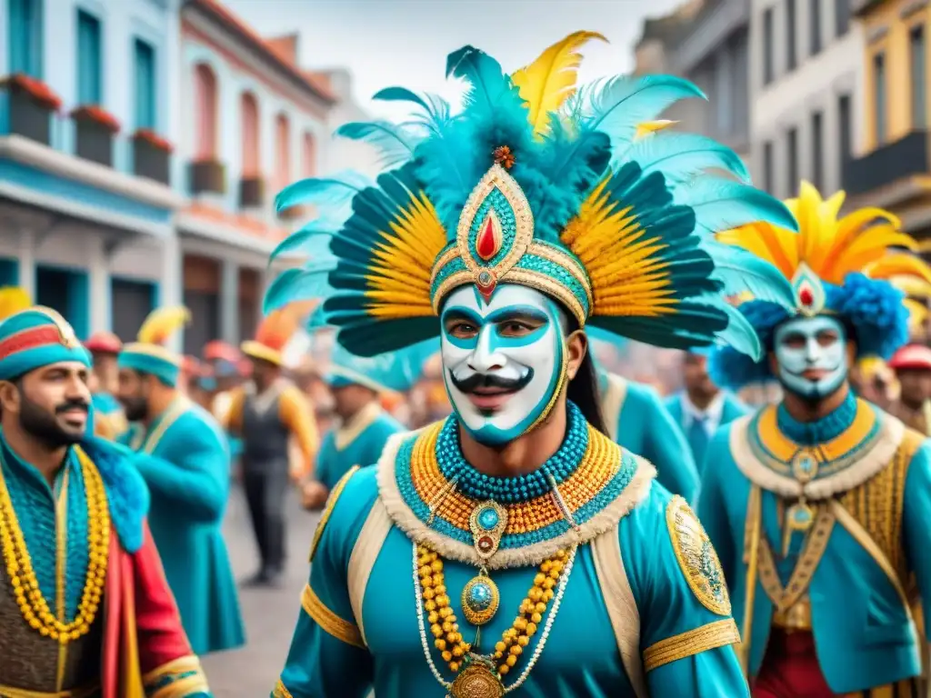 Vibrante desfile de Carnaval en Uruguay con músicos, danzas y coloridos trajes