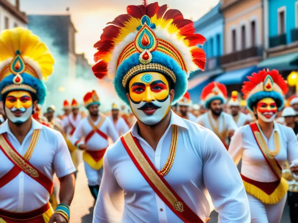 Un vibrante desfile de Carnaval en Uruguay, con músicos y carrozas coloridas