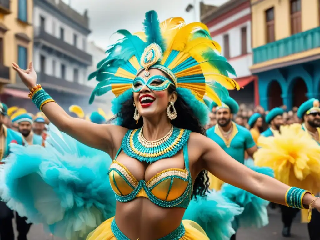 Vibrante desfile de Carnaval en Uruguay con músicos, bailarines y espectadores, seguro de viaje Carnaval Uruguay