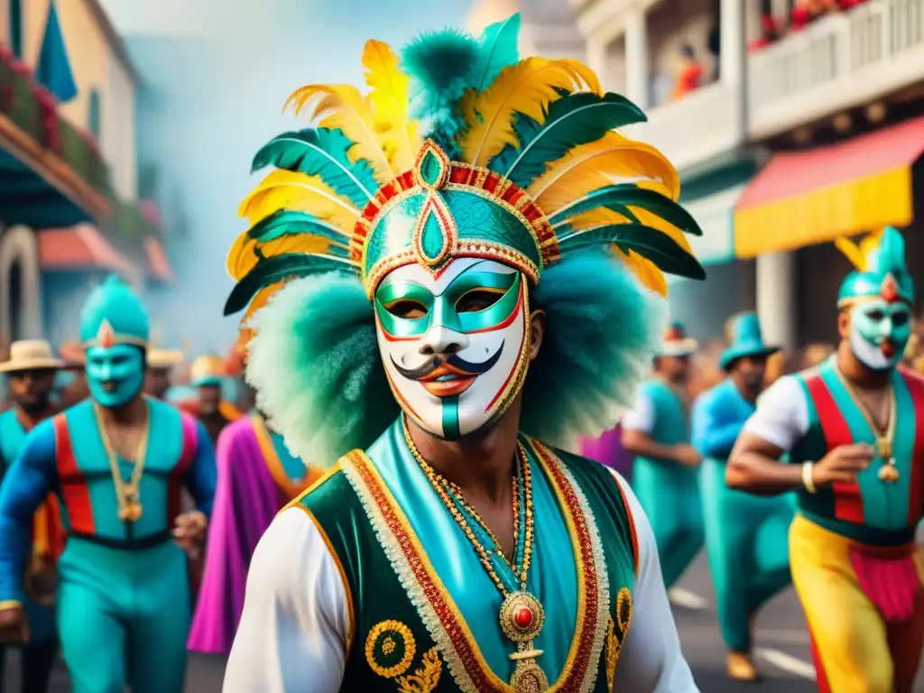 Un vibrante desfile de Carnaval con músicos, trajes coloridos y multitudes alegres celebrando el legado musical de Lázaro Salazar