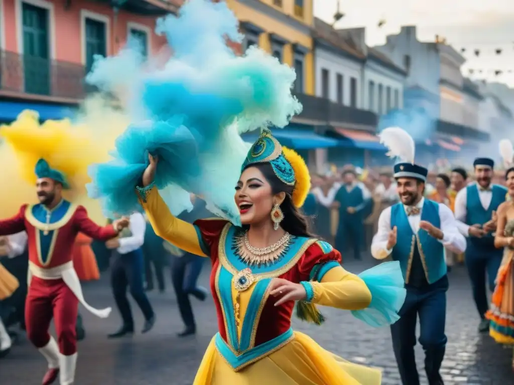 Un vibrante desfile de Carnaval en Uruguay con Patrocinios exitosos en Carnaval Uruguayo, lleno de coloridos trajes y alegría contagiosa