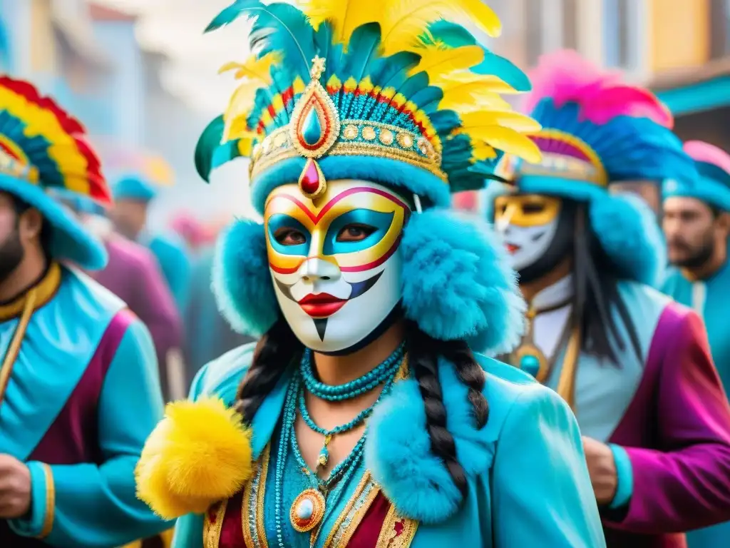 Un vibrante desfile de Carnaval en Uruguay con personajes y trajes coloridos, reflejando la riqueza cultural