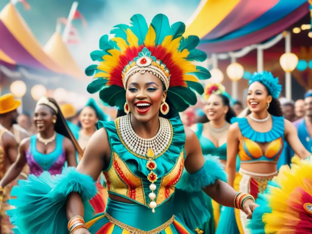 Un vibrante desfile de Carnaval con personas diversas en trajes coloridos, celebrando la unidad y diversidad cultural