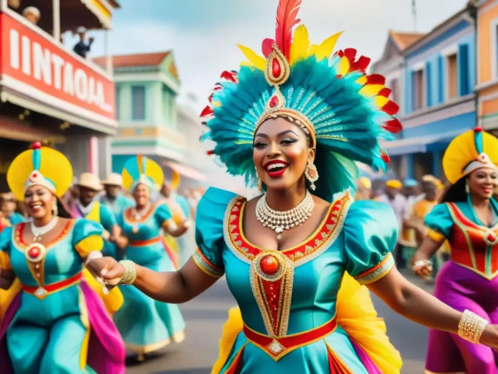 Un vibrante desfile de Carnaval con personas de diferentes culturas en trajes coloridos, celebrando la unidad y diversidad cultural en Carnaval