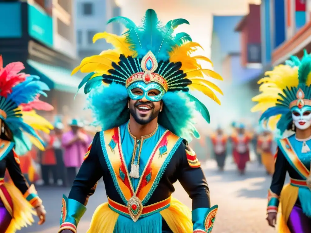 Vibrante desfile de Carnaval con personas en trajes elaborados y multicolores, bailando al ritmo de tambores