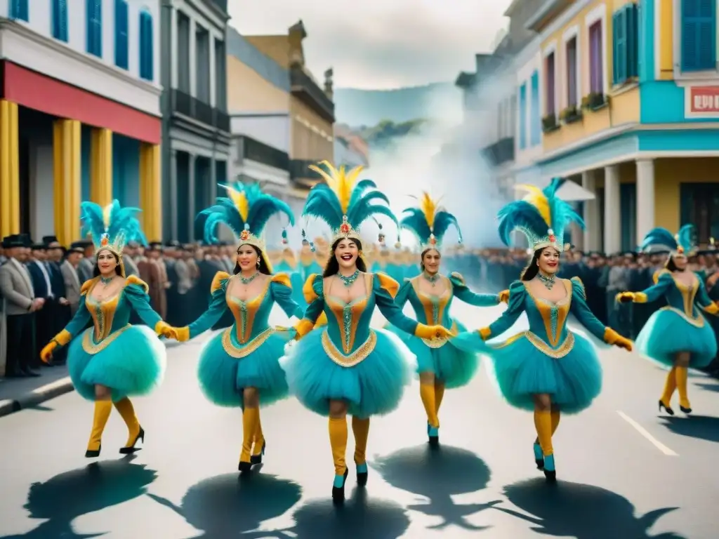 Vibrante desfile de carnaval en Uruguay de principios del siglo XX, capturando la evolución de las celebraciones