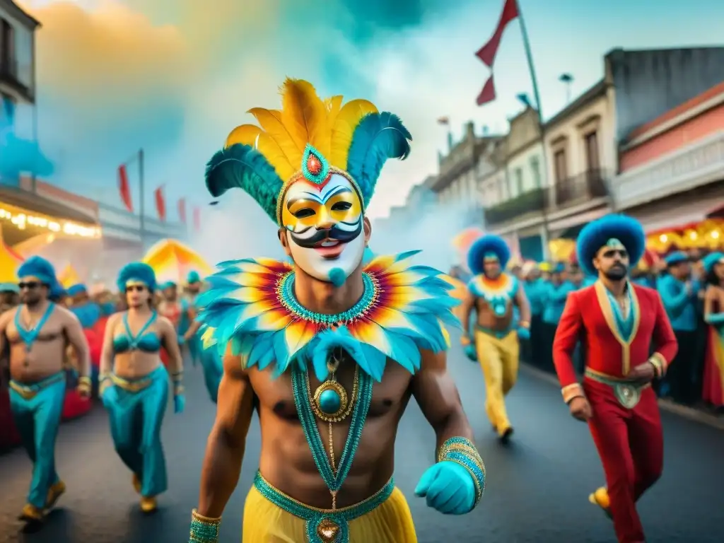 'Ilustración acuarela del vibrante desfile de carnaval en Uruguay con tendencias Carnaval Uruguayo 2022'