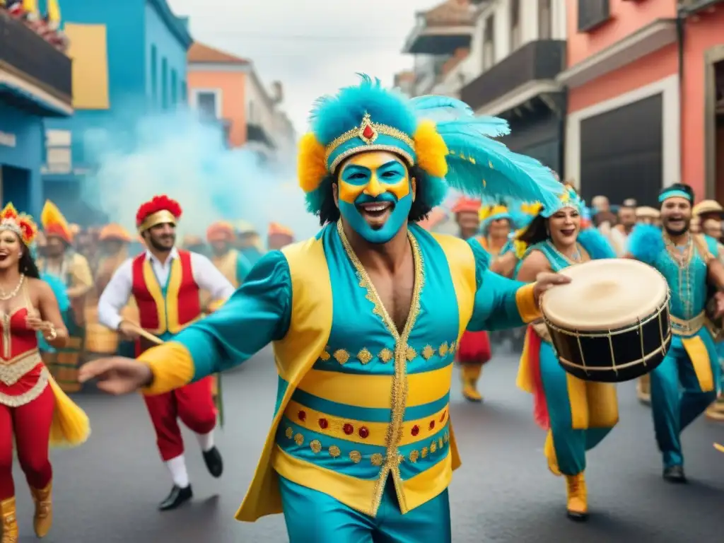 Un vibrante desfile de Carnaval en Uruguay con música tradicional y coloridos trajes, evocando la evolución música Carnaval Uruguayo