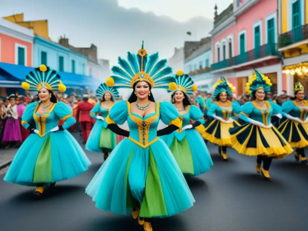 Vibrante desfile de Carnaval en Uruguay, con trajes coloridos, música alegre y bailarines en armonía