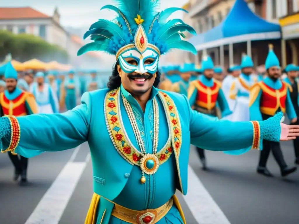 Un vibrante desfile de Carnaval en Uruguay, con trajes tradicionales y músicos alegres