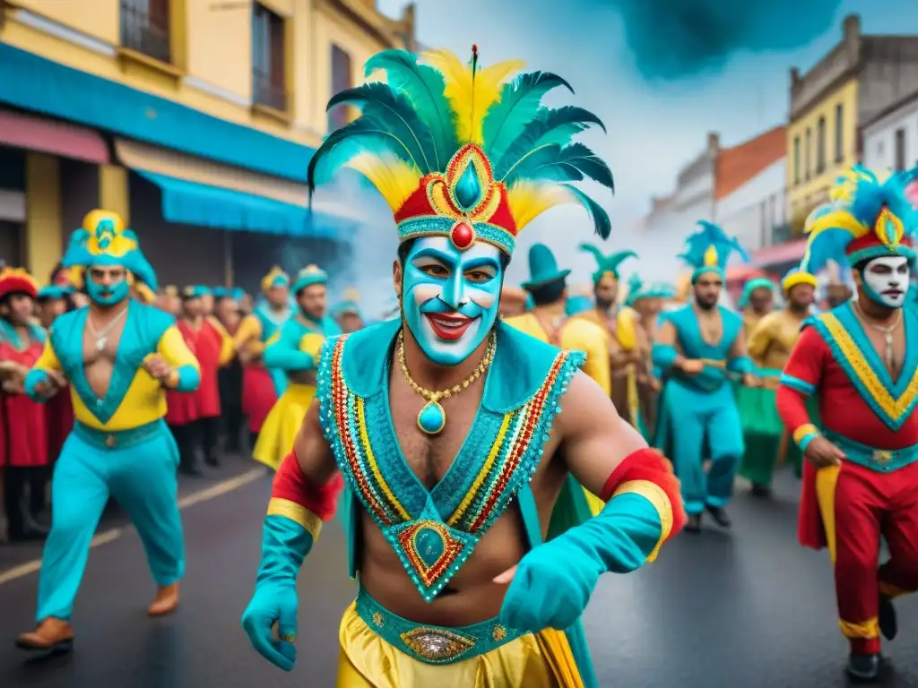 Vibrante desfile de Carnaval en Uruguay con trajes y carrozas, reflejando las transformaciones políticas del Carnaval Uruguayo