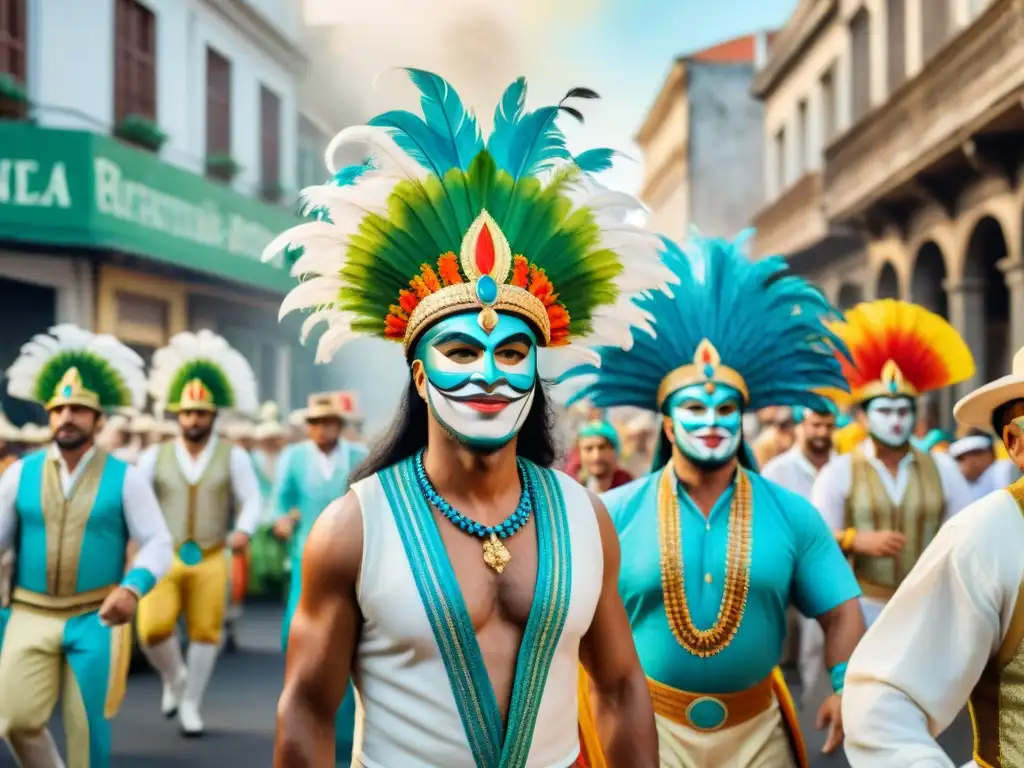 Vibrante desfile de carnaval en Uruguay, con trajes detallados y coloridos