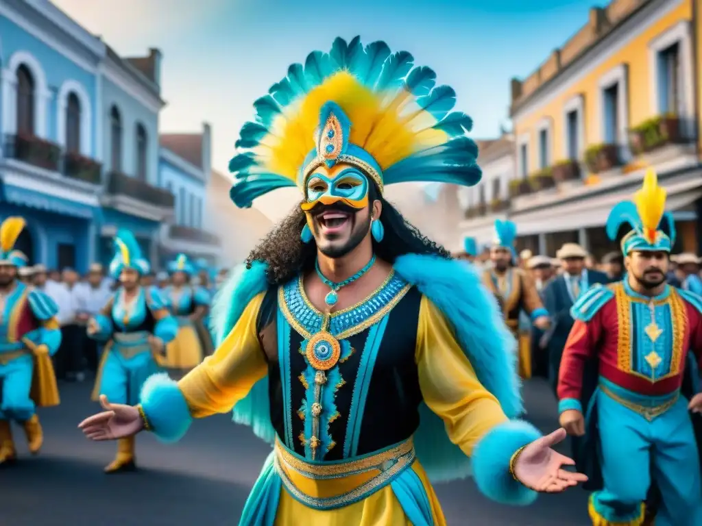 Un vibrante desfile de Carnaval en Uruguay, con trajes detallados y energía festiva