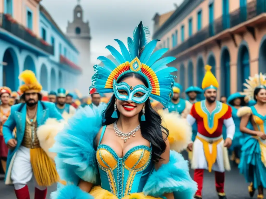 Vibrante desfile de Carnaval en Uruguay con trajes coloridos y música festiva