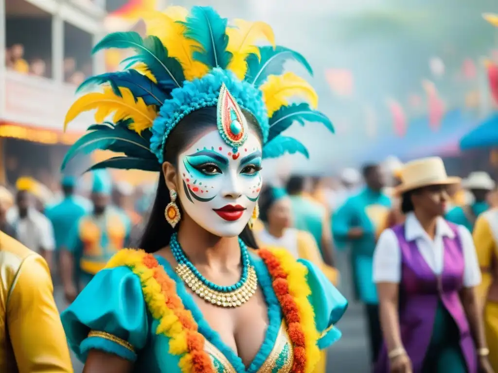 Vibrante desfile de carnaval con trajes y maquillajes elaborados, reflejando la celebración y la creatividad