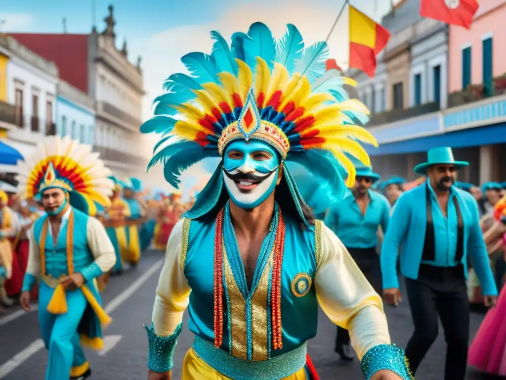 Vibrante desfile de Carnaval en Uruguay con trajes tradicionales detallados