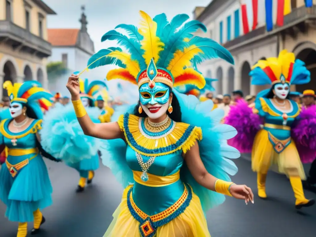 Un vibrante desfile de Carnaval en Uruguay, con trajes coloridos y bailarines energéticos, frente a edificios coloniales decorados