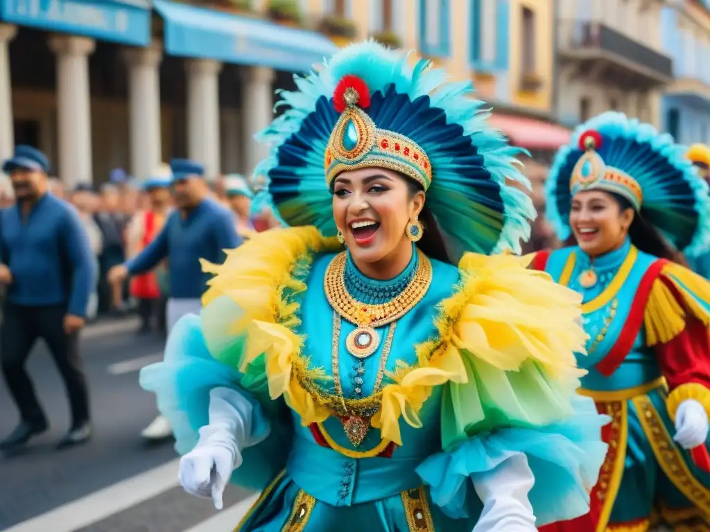 Deslumbrante Carnaval de Uruguay: vibrante ilustración acuarela Vibrante desfile de Carnaval en Uruguay con trajes coloridos, música alegre y bailarines, reflejando la riqueza cultural
