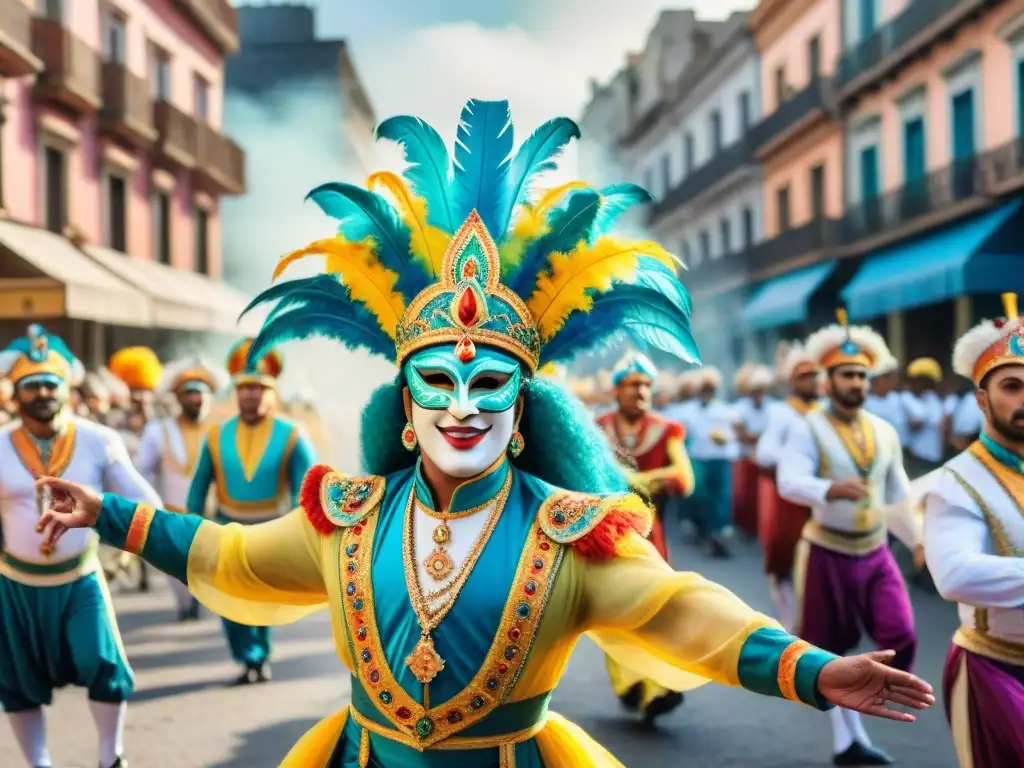 Vibrante desfile de Carnaval en Uruguay, con trajes coloridos, máscaras e baile, reflejando cambios políticos y sociales