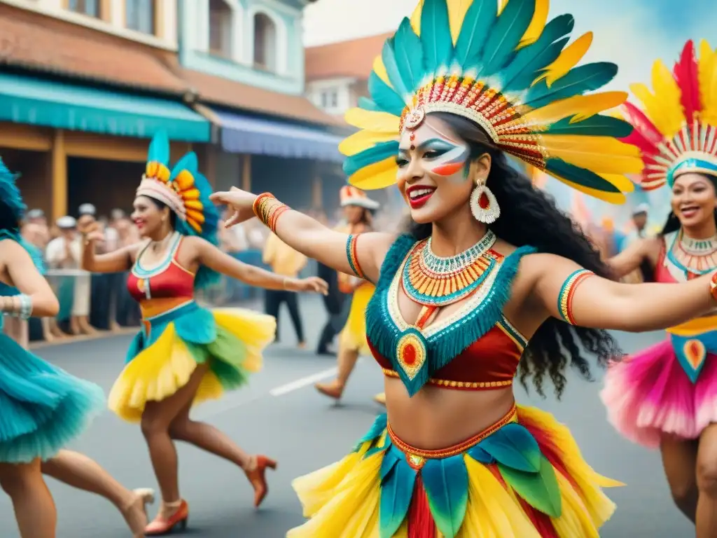 Vibrante desfile de Carnaval con trajes indígenas, uniendo culturas en celebración