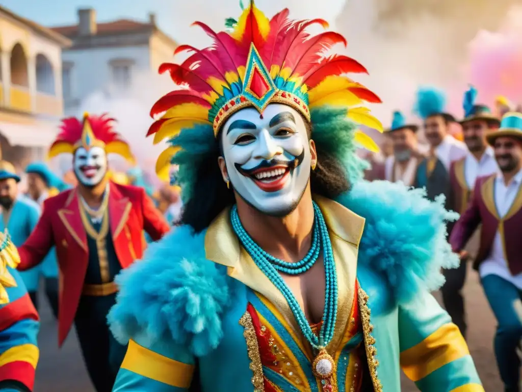 Vibrante desfile de Carnaval en Uruguay con trajes coloridos y música tradicional, ¡cuidado vocal Carnaval Uruguayo!