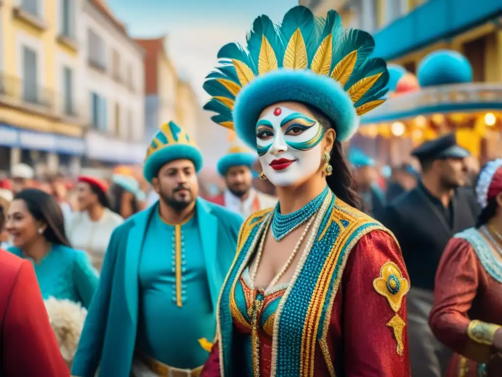 Vibrante desfile de carnaval en Uruguay, con trajes detallados y música alegre