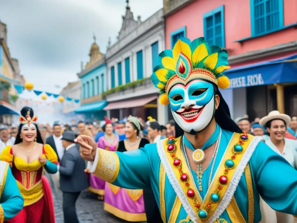 Un vibrante desfile de Carnaval en Uruguay con trajes tradicionales, máscaras y música