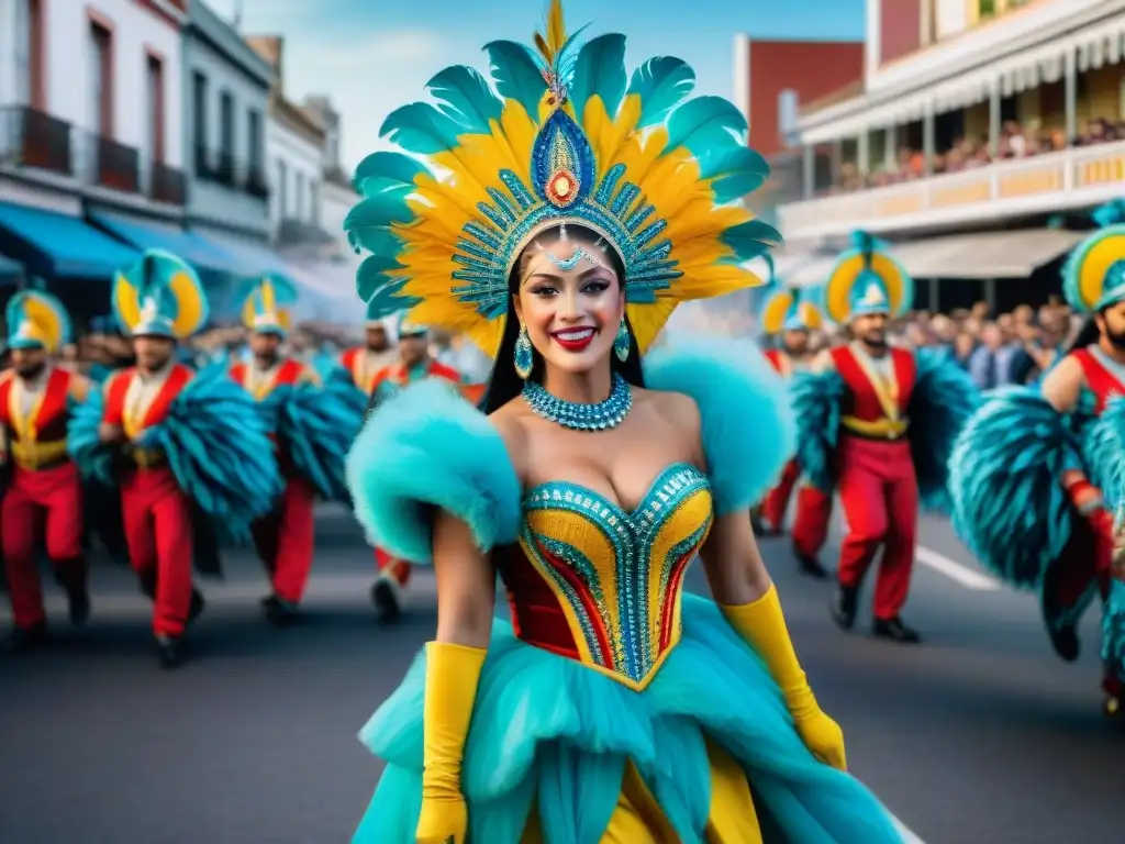 Un vibrante desfile de carnaval en Uruguay, con trajes elaborados y coloridos, carrozas tradicionales y una multitud animada