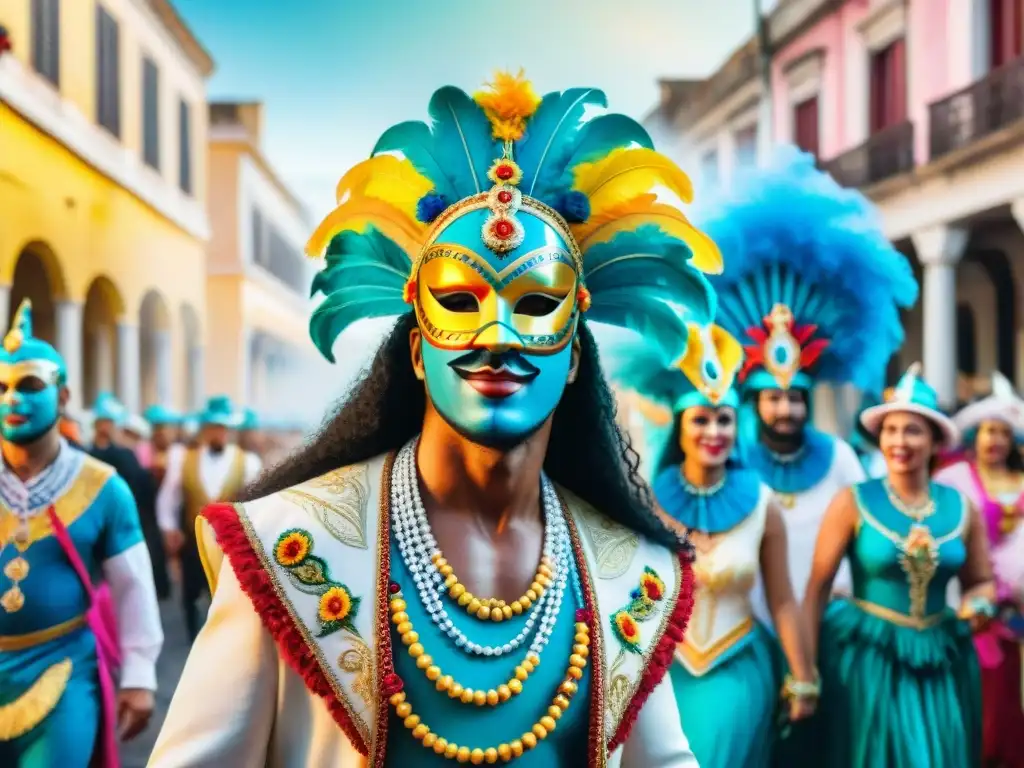 Vibrante desfile de Carnaval en Uruguay con trajes coloridos, máscaras elaboradas y arquitectura colonial