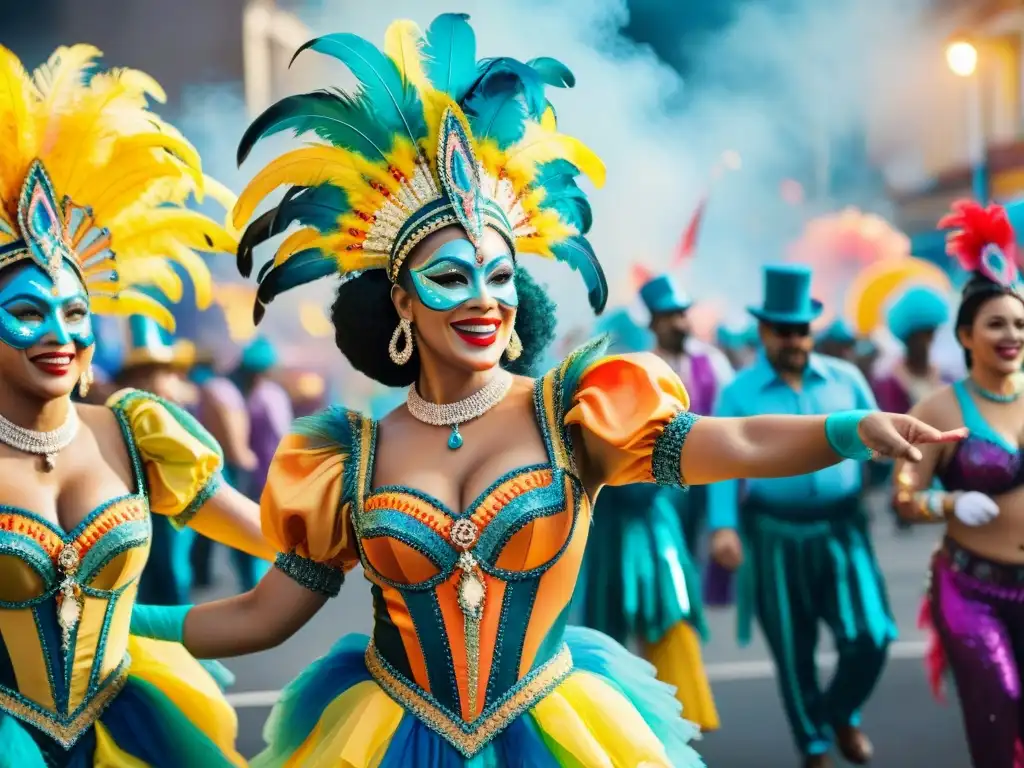 Un vibrante desfile de carnaval en Uruguay con trajes coloridos, plumas y lentejuelas