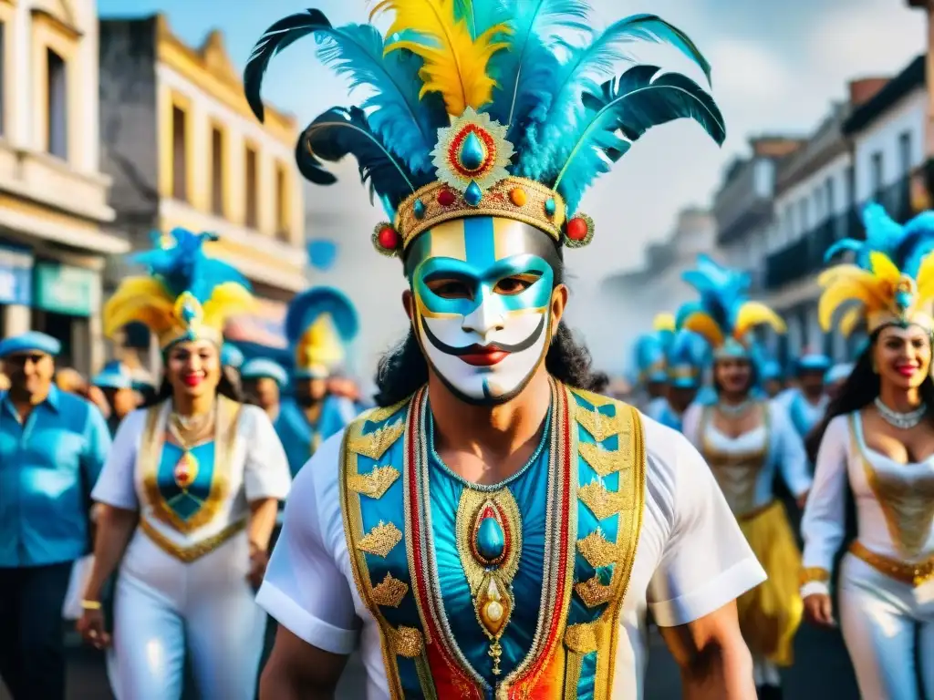 Un vibrante desfile de carnaval en Uruguay, con trajes elaborados, carrozas coloridas y bailarines alegres al ritmo de la música