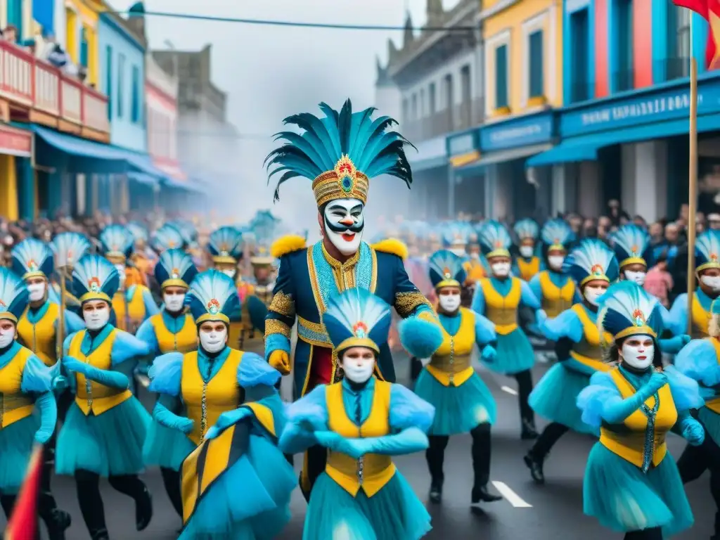 Vibrante desfile de Carnaval en Uruguay con trajes coloridos, música tradicional y espectadores emocionados