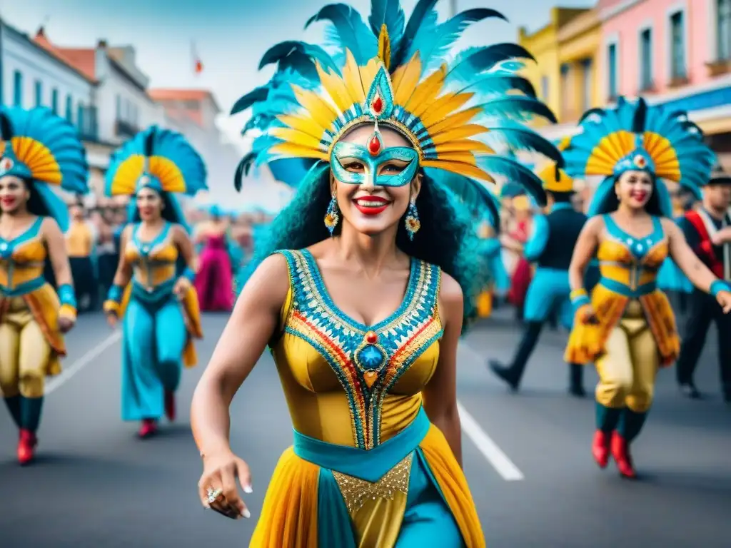 Vibrante desfile de carnaval en Uruguay con trajes coloridos y danzas alegres