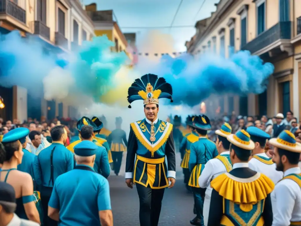 Fotografía del vibrante desfile del Carnaval Uruguayo, con detalles coloridos y magia festiva