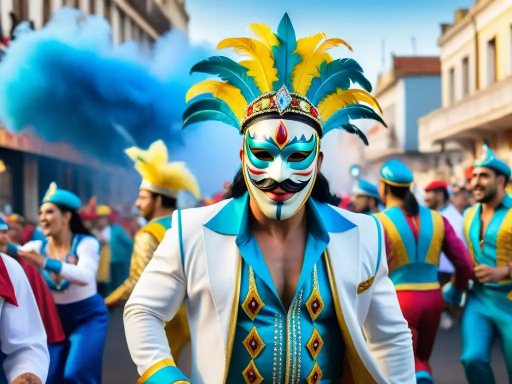 Vibrante desfile del Carnaval Uruguayo con chefs destacados en coloridos trajes, bailando al ritmo de la música tradicional