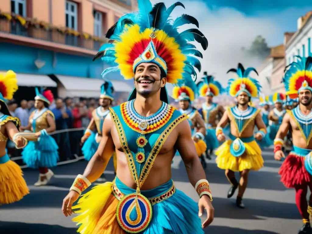 Vibrante desfile del Carnaval Uruguayo 2022 con disfraces elaborados y carrozas coloridas, reflejando alegría y comunidad