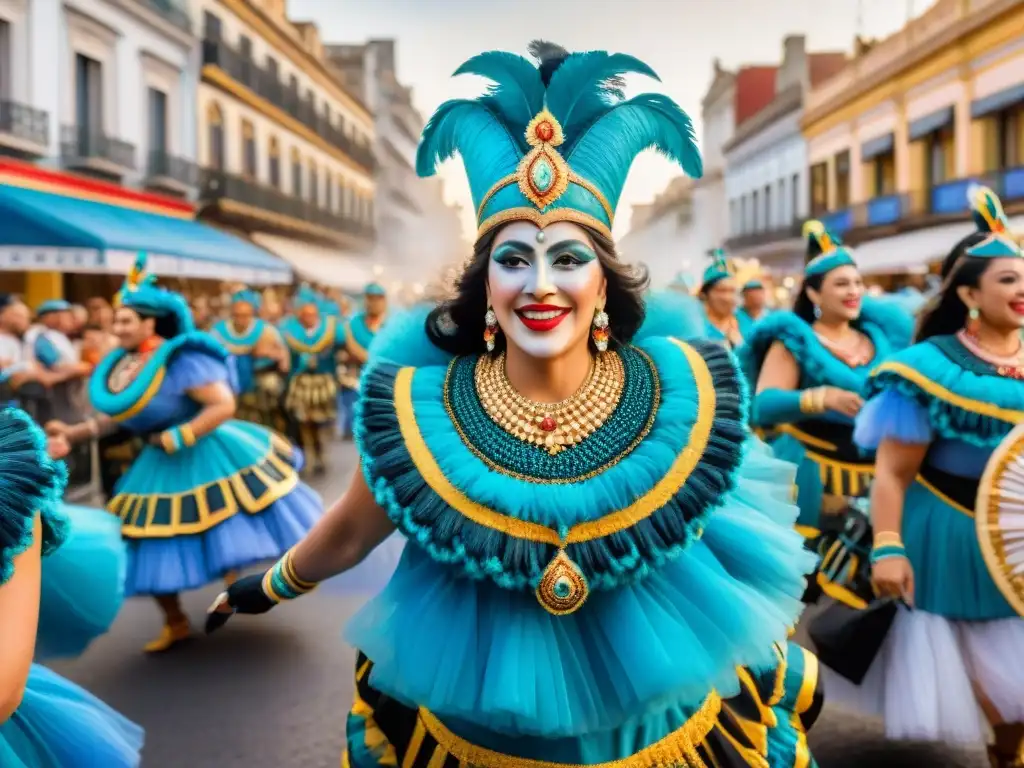 Vibrante desfile del Carnaval Uruguayo mapa turístico, con coloridas carrozas, artistas en trajes elaborados y espectadores emocionados