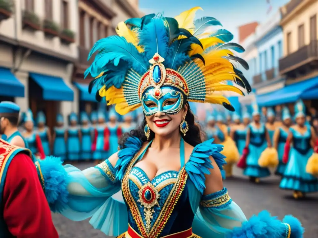 Un vibrante desfile de Carnaval Uruguayo con trajes coloridos y detallados